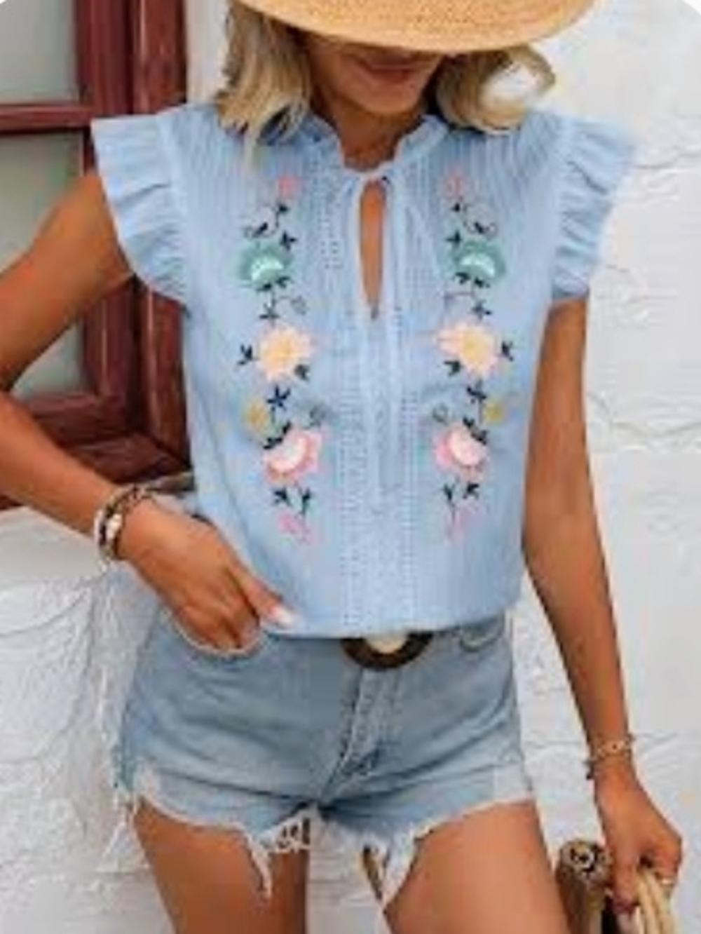 Light Blue Embroidered Ruffle Sleeve Top